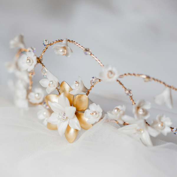gold bridal hair crown rachel sokhal Swarovski Crystals Pearls